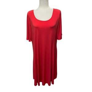 Susan Graver Dress Womens L Red Liquid Knit Split Short Sleeve Midi Travel